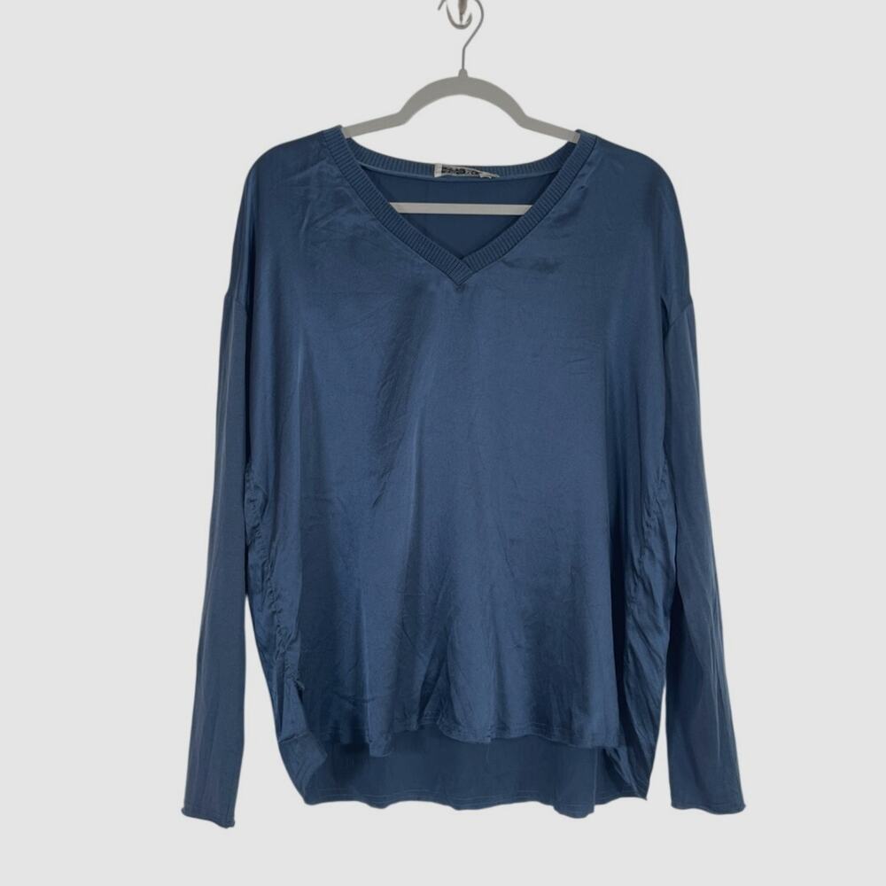 Go by GoSilk Iconic Go Tee Vee Top Navy Blue Mixed Media Washable Silk Sz Small